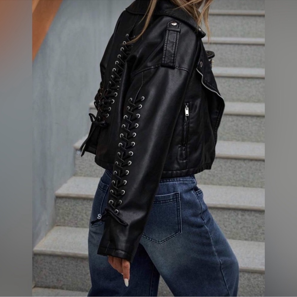 Luxe Vegan Leather Lace Up Detail Pockets Moto Biker Jacket S M L